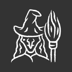 Witch chalk icon. Wicked sorceress, hag with broomstick. Halloween costume. Evil old woman in wizard hat and broom stick. Isolated vector chalkboard illustration