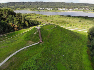 Aerial view of Pypliai mound in Kacergine town, Lithuania