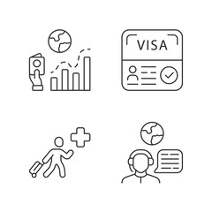 Immigration linear icons set. Migration rate, start up visa. Humanitarian immigrant, travel agent. Travelling abroad. Thin line contour symbols. Isolated vector outline illustrations. Editable stroke