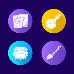 Magic flat design long shadow glyph icons set. Tarot cards, potion, witch cauldron and broomstick. Witchcraft and sorcery Halloween items. Vector silhouette illustration