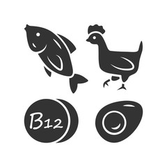Vitamin B12 glyph icon. Fish, poultry and egg. Healthy eating. Cobalamin natural food source. Proper nutrition. Minerals, antioxidants. Silhouette symbol. Negative space. Vector isolated illustration