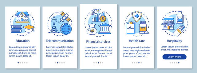 Industries onboarding mobile app page screen with linear concepts. Government and public services. Five walkthrough steps graphic instructions. UX, UI, GUI vector template with illustrations