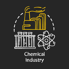 Chemical industry chalk concept icon. Industrial chemicals producing. Plant, test tubes, molecule. Synthetic material production idea. Vector isolated chalkboard illustration