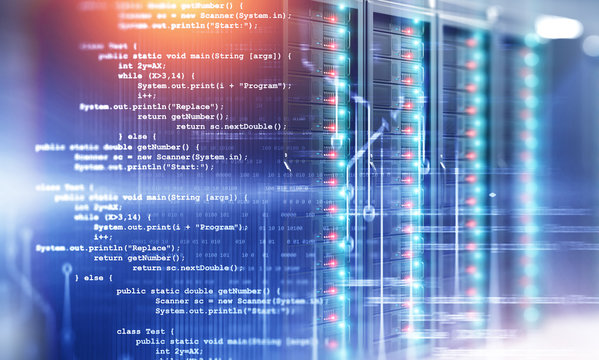 Lines of code over server room background - Powered by Adobe