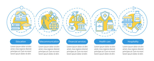 Services Industry vector infographic template. Business presentation design elements. Data visualization with five steps and options. Process timeline chart. Workflow layout with linear icons