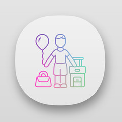 Immigrant child app icon. Kid travel abroad. Tourist holiday. Traveler with air balloon, carry on handbag and suitcase. UI/UX user interface. Web or mobile applications. Vector isolated illustrations