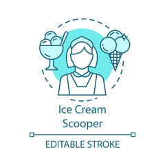 Ice cream scooper concept icon. Food and beverage service job idea thin line illustration. Catering, ice cream shop worker. Part-time employment. Vector isolated outline drawing. Editable stroke