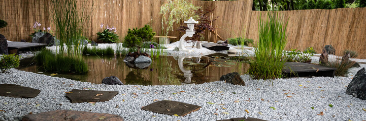 Landscape in the summer. Landscaping with flower beds