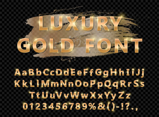 Shiny modern gold font isolated on black transparent background. Vintage golden numbers and letters with shadows. Detailed 3d alphabet. Typography yellow gold bold mockup. Anniversary letters. Vector