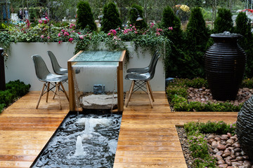 Landscape in the summer. Landscaping with flower beds