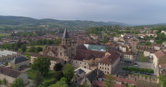 Cluny abbey, aerial back traveling, Burgundy, France