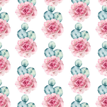 Watercolor hand painted seamless pattern of pink roses and tropical leaves.
