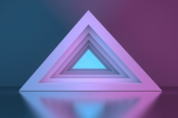 Portal tunnel made of triangular pyramid illuminated by pink blue light over mirror reflective surface. 3d illustration.