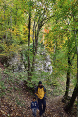 Boy and his father traveling together, hiking in Plitvice National Park, Croatia, in the fall
