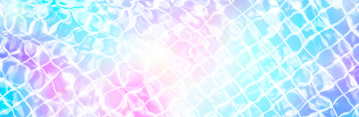 Swimming pool with rippling motion texture swirls toned in multicolored neon rainbow spectrum. Creative trendy fashionable style. Background for summer vacation backdrop for design template, panoramic