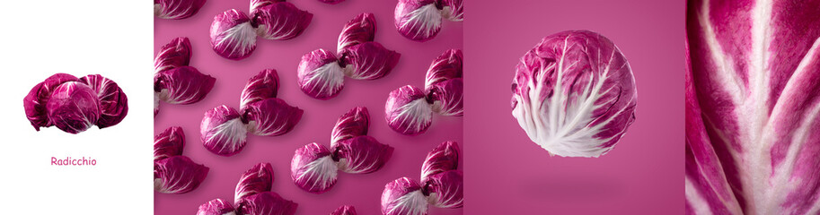 Creative layout made of red radicchio over purple background. Minimalism concept, panoramic image