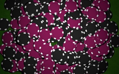 Casino poker chips on green felt background. Top view. 3d illustration