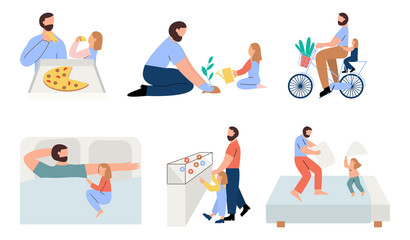 Set of cute pair of father and daughter spending time together - eating pizza, gardening, riding a bicycle, sleeping, buying sweets, pillow fighting. Flat vector illustration.