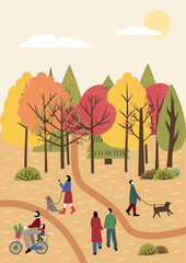 People spending time together in  autumn city park. Colorful trees with orange, red and green leaves in the background. People holding hands, walking the dog, riding bicycle. Flat vector illustration