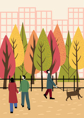 People spending time together in  autumn city park. Colorful trees with orange, red and green leaves in the background. People holding hands, walking the dog, riding bicycle. Flat vector illustration