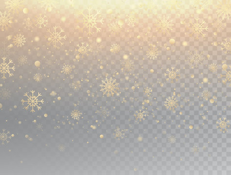 Gold snowflakes with sparkles. Realistic falling snowflakes isolated on transparent background. Winter background with snow. Magic golden snowfall texture. Christmas design. Vector illustration
