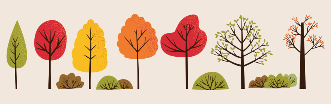 Set of vector illustration of autumn trees and bushes. Bundle of colorful trees with orange, green and red leaves
