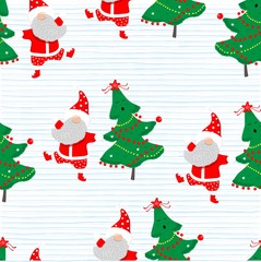 Merry Christmas with Santa Claus and Christmas tree seamless background. Happy New year background.