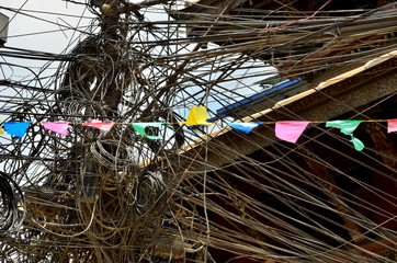 Big tangle of dirty black wires in Kathmandu, Nepal