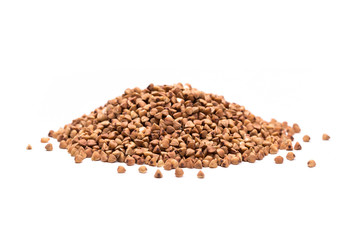 Pile of buckwheat isolated on white background. Top view.