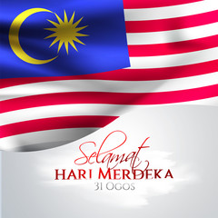 Flag of Malaysia. Selamat Hari Merdeka holiday. Translate: Malaysia Independence day background.  Template for poster, banner, flyer, invitation, etc.