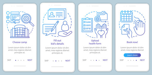 Camp booking onboarding mobile app page screen vector template. Child holiday vacation reserving. Walkthrough website steps with linear illustrations. UX, UI, GUI smartphone interface concept