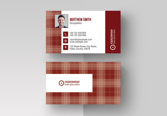 Business Card Layout with Red Pattern Elements