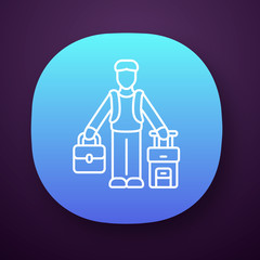 Immigrant man app icon. Refugee with suitcase and backpack. Travelling abroad. Solo trip, vacation, tourism. Immigration. UI/UX user interface. Web or mobile application. Vector isolated illustration