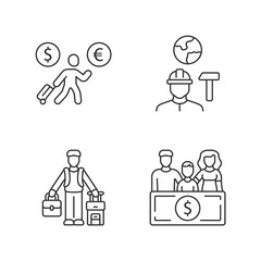 Immigrants linear icons set. Economic migrant, family sponsorship immigration. Job for immigrant. Emigrants, refugees. Thin line contour symbols. Isolated vector outline illustrations. Editable stroke