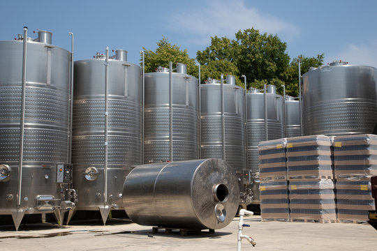Winery factory metal wine storage barrels