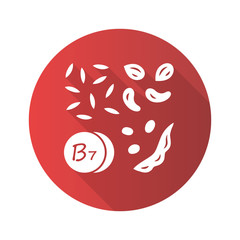 Vitamin B7 red flat design long shadow glyph icon. Almonds and peanuts. Nuts and peas. Healthy eating. Biotin natural source. Proper nutrition. Vitamin H. Minerals. Vector silhouette illustration