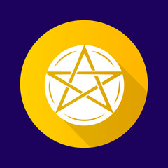 Pentagram yellow flat design long shadow glyph icon. Occult ritual pentacle. Devil star. Satanic cult, wiccan & pagan symbol. Witchcraft, esoteric and diabolic sign. Vector silhouette illustration