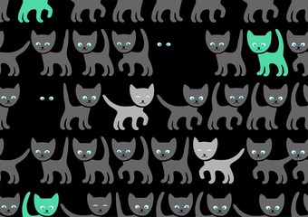 Green kittens on black background, seamless pattern, vector. Funny kittens. Black background with gray and green kittens.