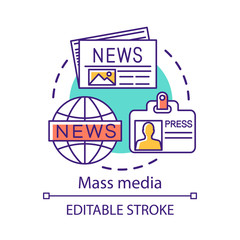 Mass media concept icon. News agency. Journalism. Information channel. Review of world events. Newspaper editorial office idea thin line illustration. Vector isolated outline drawing. Editable stroke