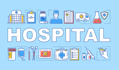 Hospital word concepts banner. Medical services. Therapy, surgery, treatment. Presentation, website. Isolated lettering typography idea with linear icons. Vector outline illustration