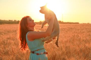 pretty girl owner of a little cute dog in the wheat field at the sunset