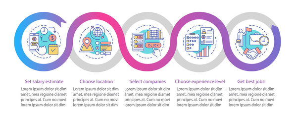 Searching part time jobs vector infographic template. Business presentation design elements. Data visualization with five steps and options. Process timeline chart. Workflow layout with linear icons