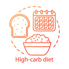 Vegetarian nutrition, high carb diet concept icon. Vegan lifestyle idea thin line illustration. Healthy food, weight loss. Rice bowl, fresh bread and calendar vector isolated outline drawing