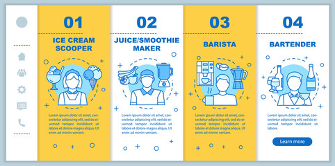 Naklejka premium Cafe & fast food part-time job onboarding mobile web pages vector template. Responsive smartphone website interface idea with linear illustrations. Webpage walkthrough step screens. Color concept