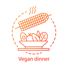 Healthy lifestyle, vegan dinner concept icon. Organic nutrition idea thin line illustration. Natural food, vegetarian restaurant menu. Cooked corn with vegetable salad vector isolated outline drawing