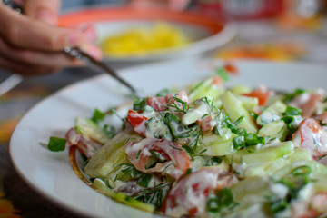 Salad of fresh cucumbers and tomatoes. Close Up with selective focus.