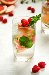 cocktail, drink, grapefruit, raspberry, mint