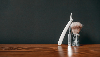 Shaving kit razor brush. Barbershop background for men beauty salon