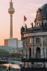 Naklejka premium Museum Island on Spree river and tower at background at sunrise in Berlin