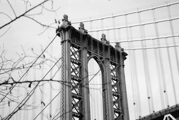 Naklejka premium NYC Manhattan Bridge New York City With Tree Branch Framing Black And White